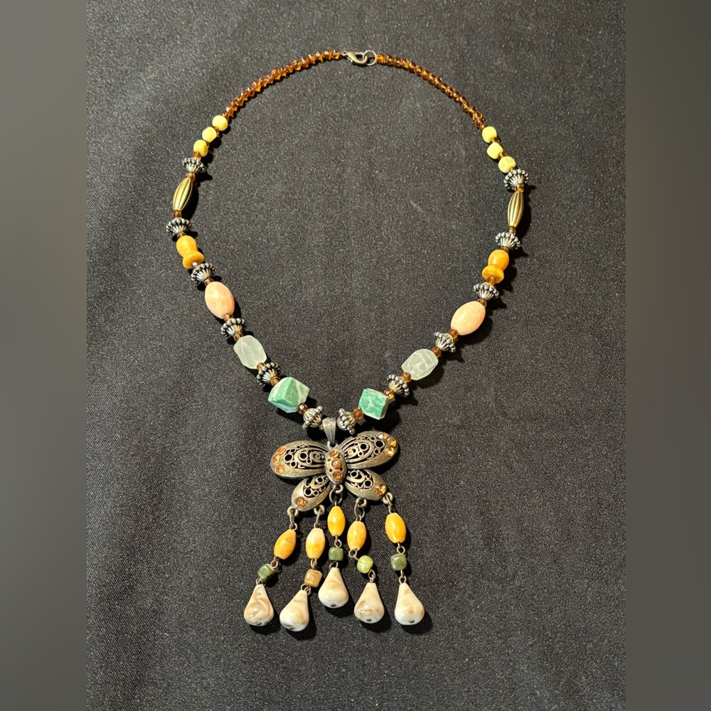 Vintage Bohemian Necklace Filigree Bronze Butterfly and Colorful Beads